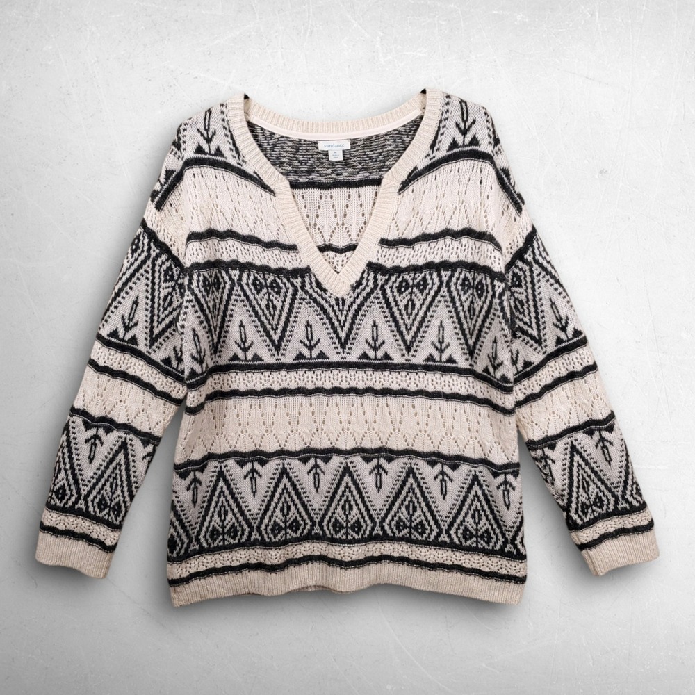 Sundance Geometric Fair Isle V-Neck Sweater Women Size M Cream Black Boho Chic